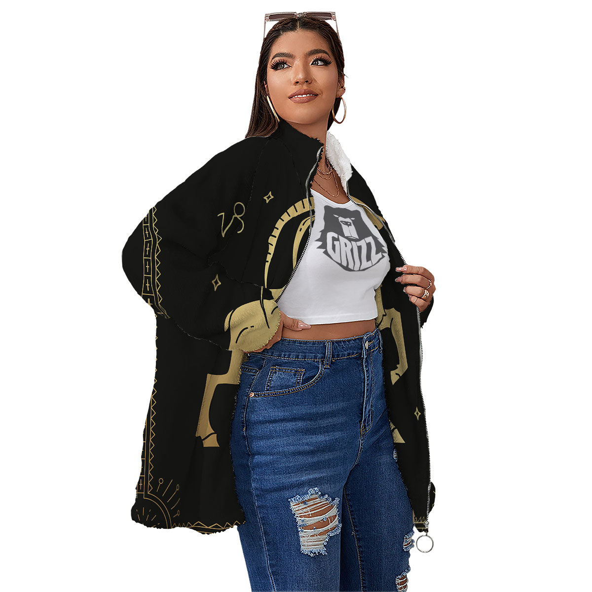 Capricorn Sign Astrological Print Women's Sherpa Jacket-grizzshop