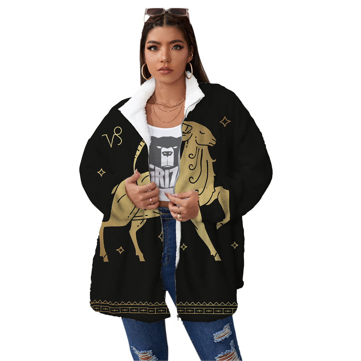 Capricorn Sign Astrological Print Women's Sherpa Jacket-grizzshop