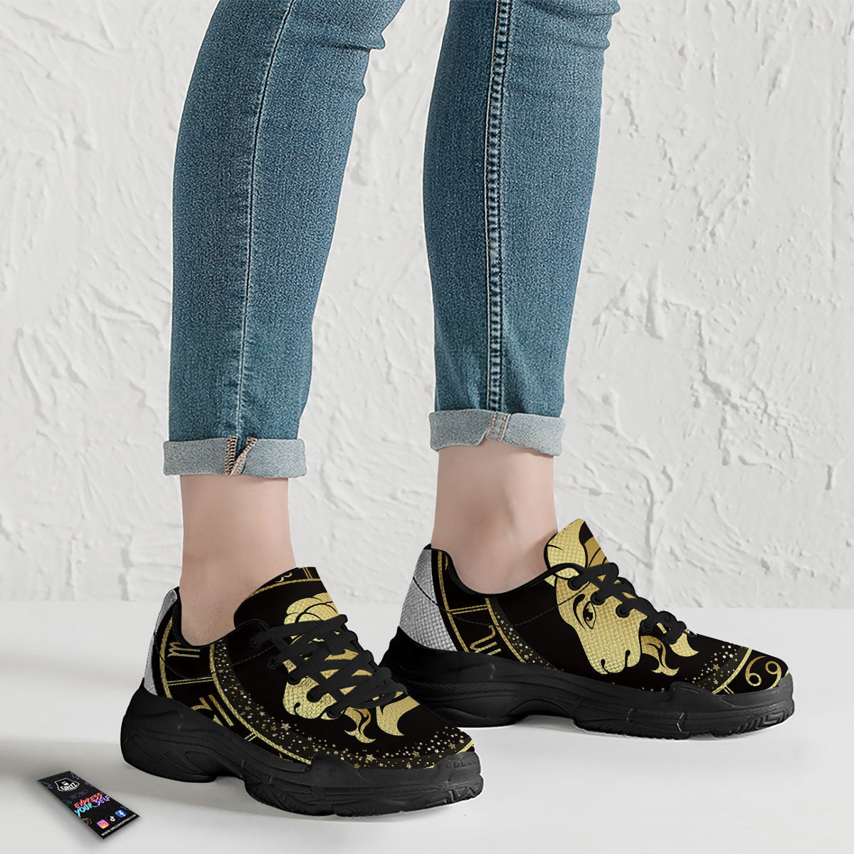 Capricorn Sign Black And Gold Print Black Chunky Shoes-grizzshop