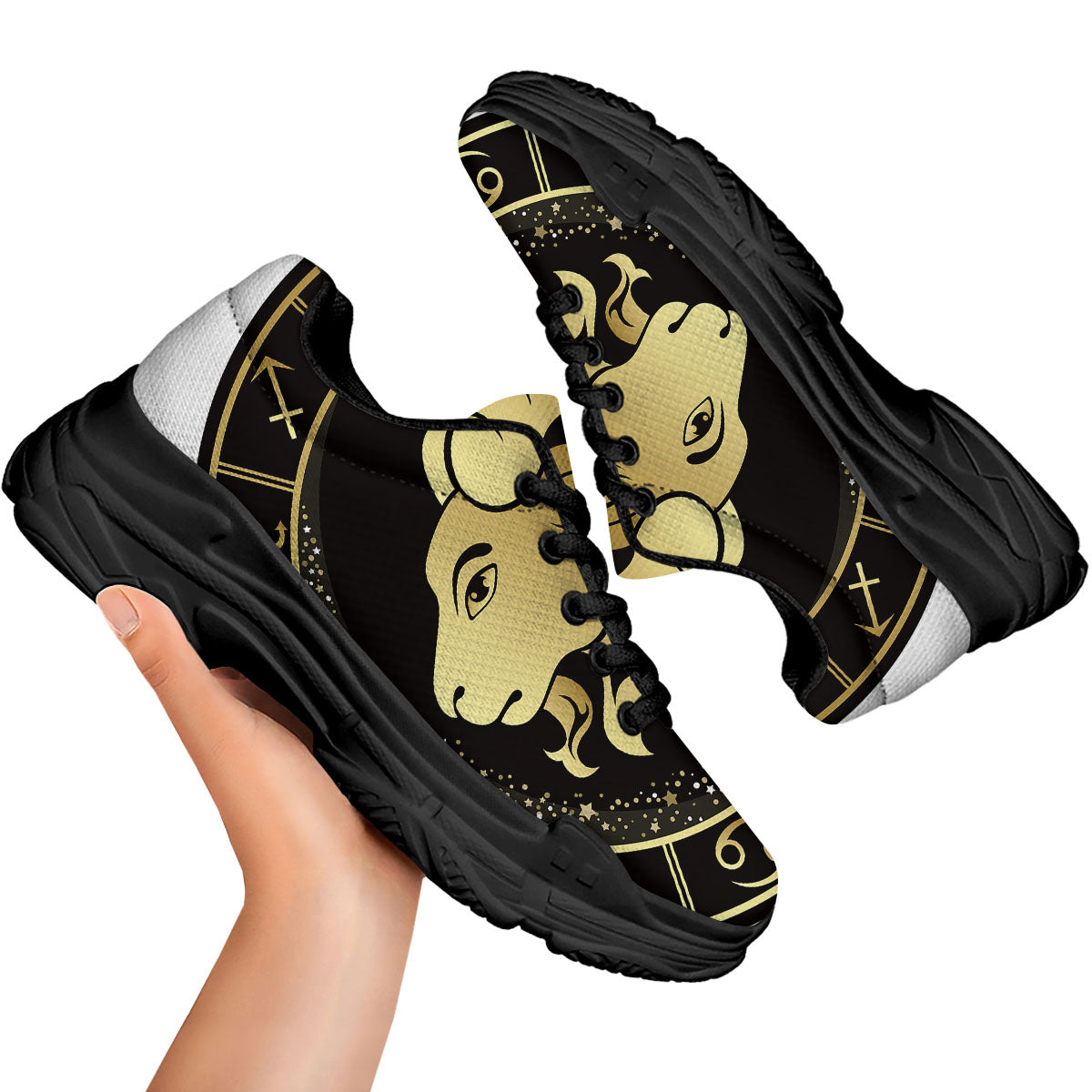 Capricorn Sign Black And Gold Print Black Chunky Shoes-grizzshop