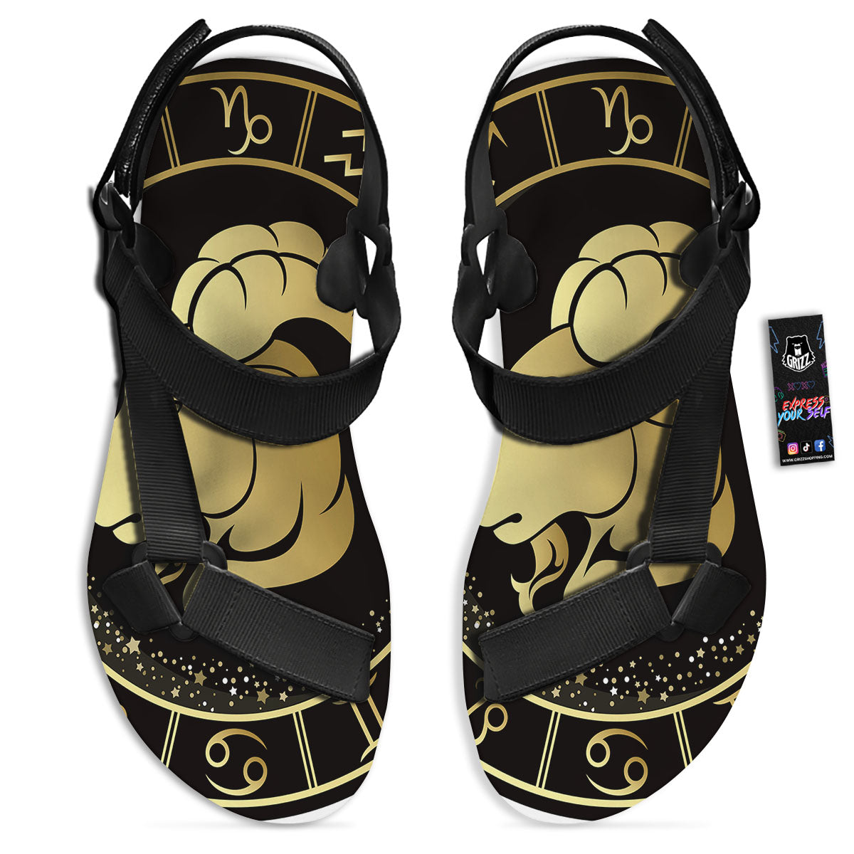 Capricorn Sign Black And Gold Print Black Open Toe Sandals-grizzshop