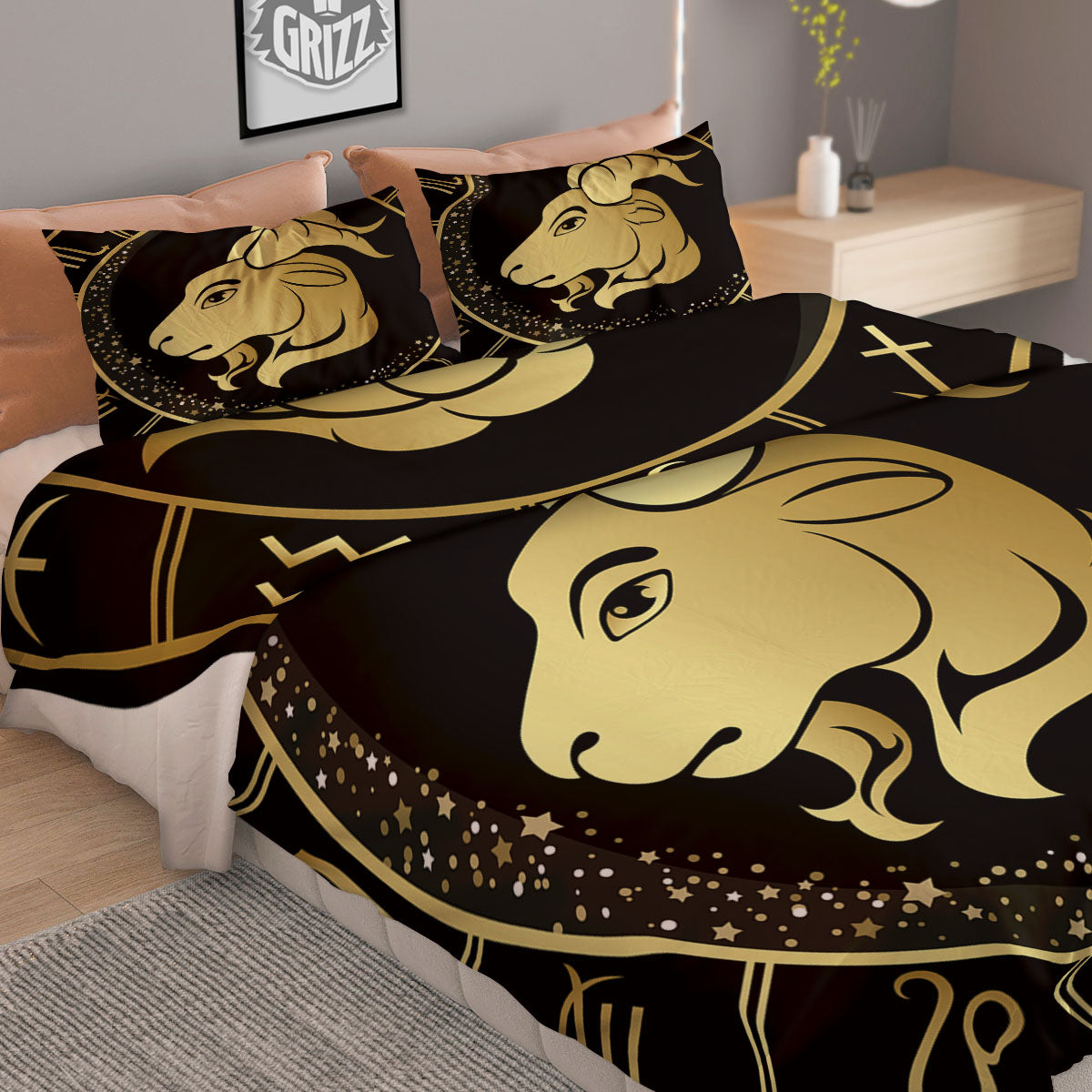 Capricorn Sign Black And Gold Print Duvet Cover Bedding Set