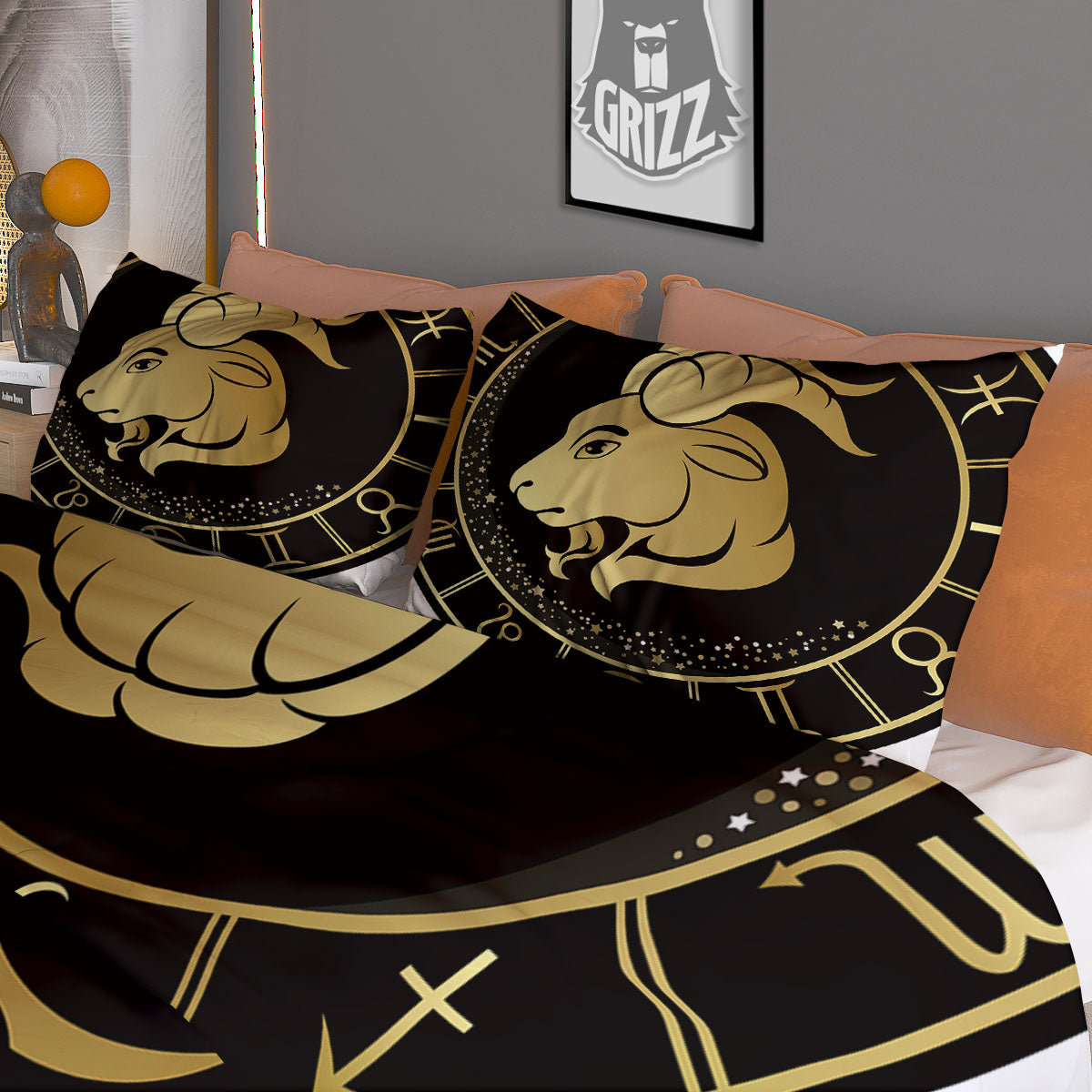 Capricorn Sign Black And Gold Print Duvet Cover Bedding Set