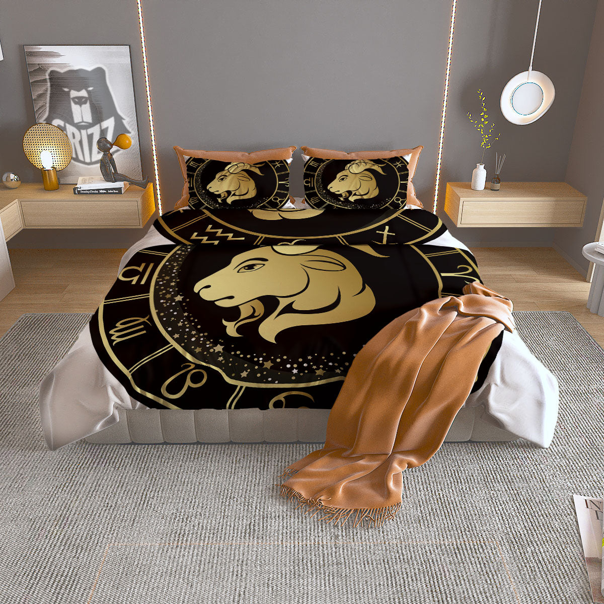 Capricorn Sign Black And Gold Print Duvet Cover Bedding Set