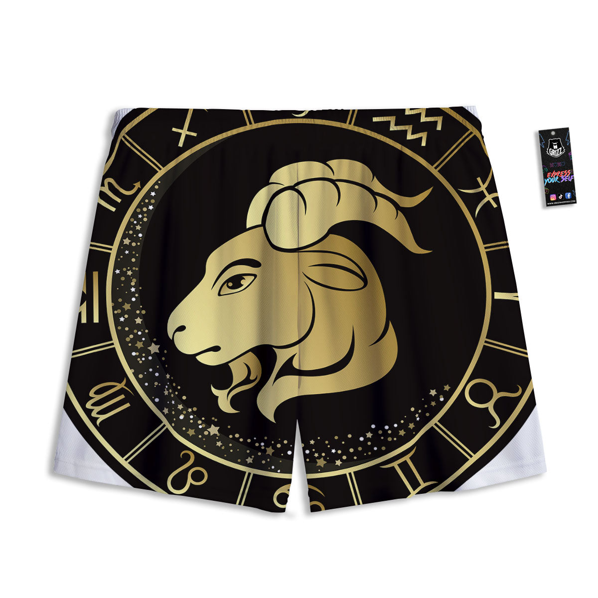 Capricorn Sign Black And Gold Print Mesh Shorts