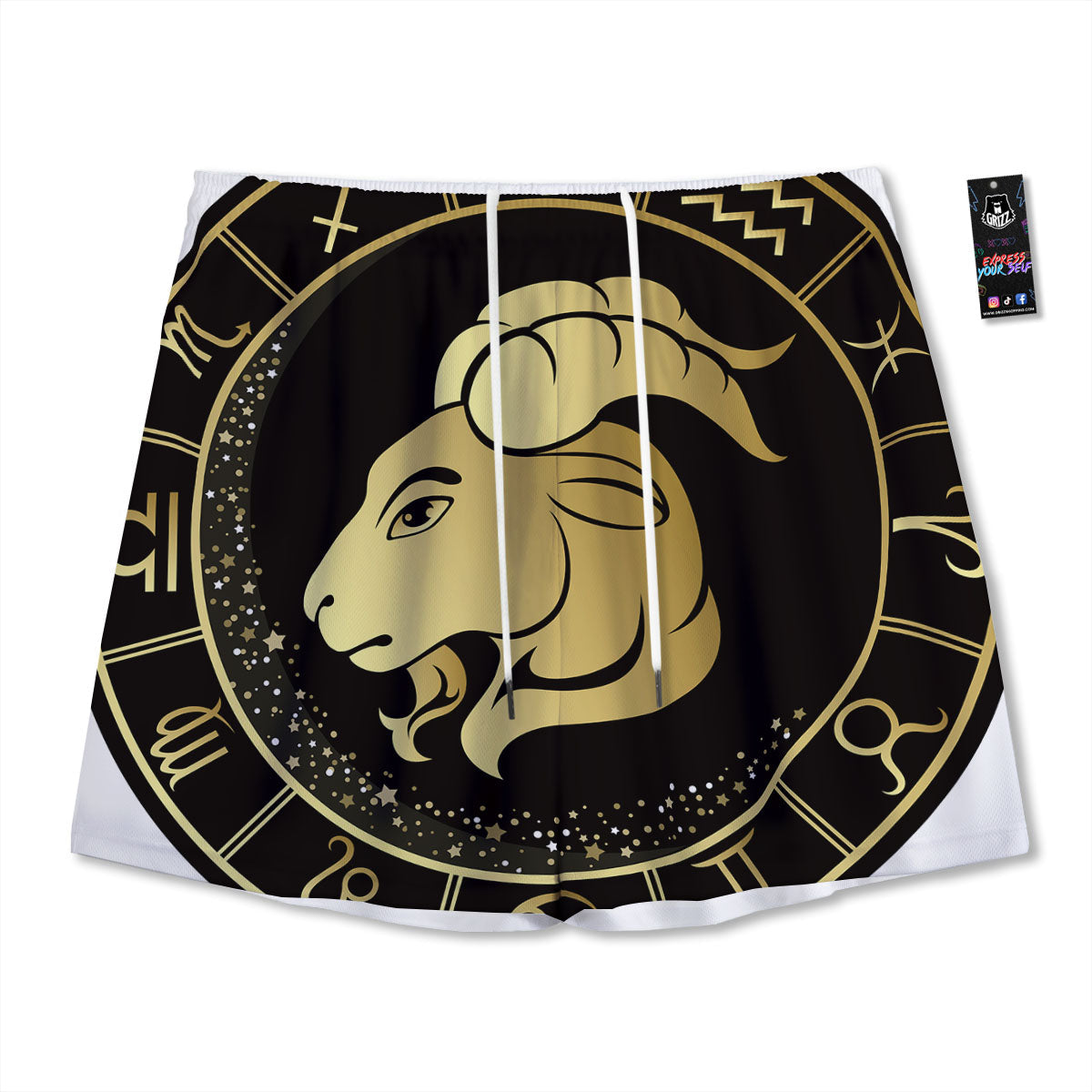 Capricorn Sign Black And Gold Print Mesh Shorts