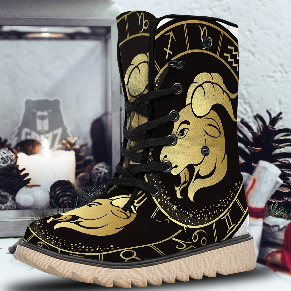 Capricorn Sign Black And Gold Print Snow Boots-grizzshop