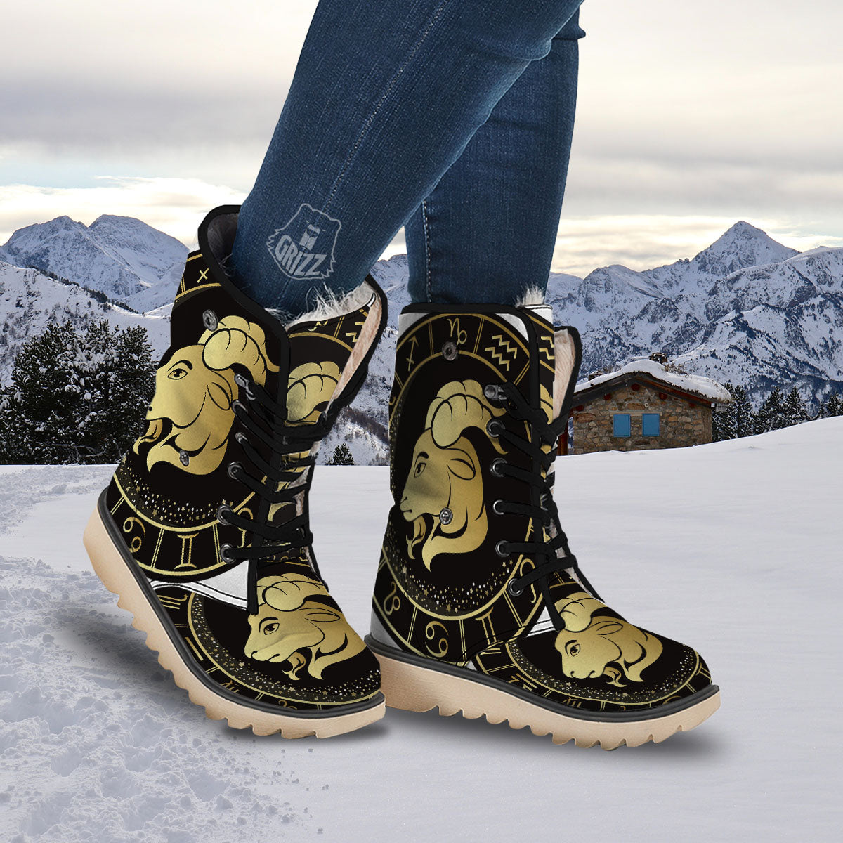 Capricorn Sign Black And Gold Print Snow Boots-grizzshop