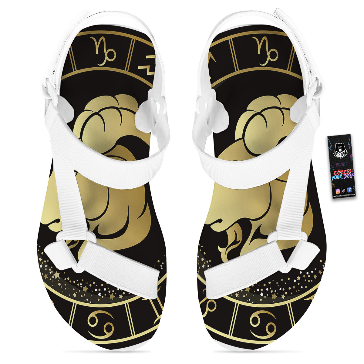 Capricorn Sign Black And Gold Print White Open Toe Sandals-grizzshop