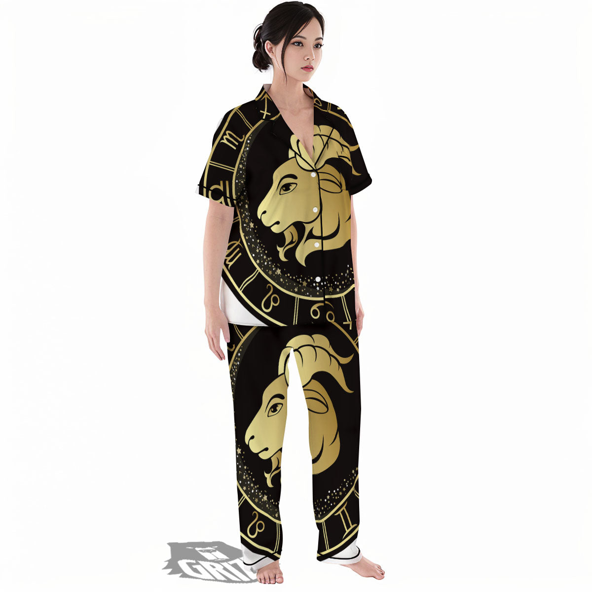 Capricorn Sign Black And Gold Print Women's Pajamas Set-grizzshop