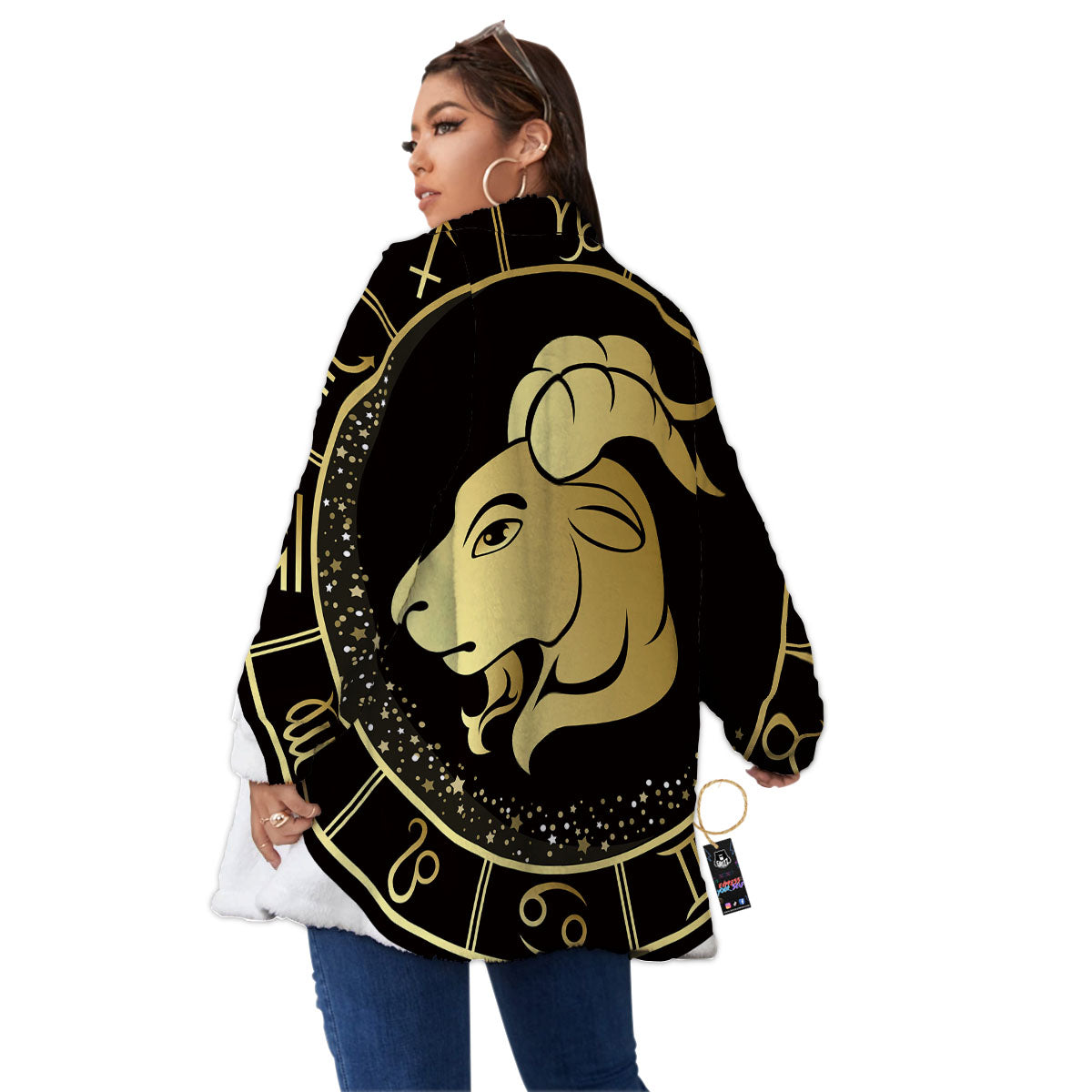 Capricorn Sign Black And Gold Print Women's Sherpa Jacket-grizzshop