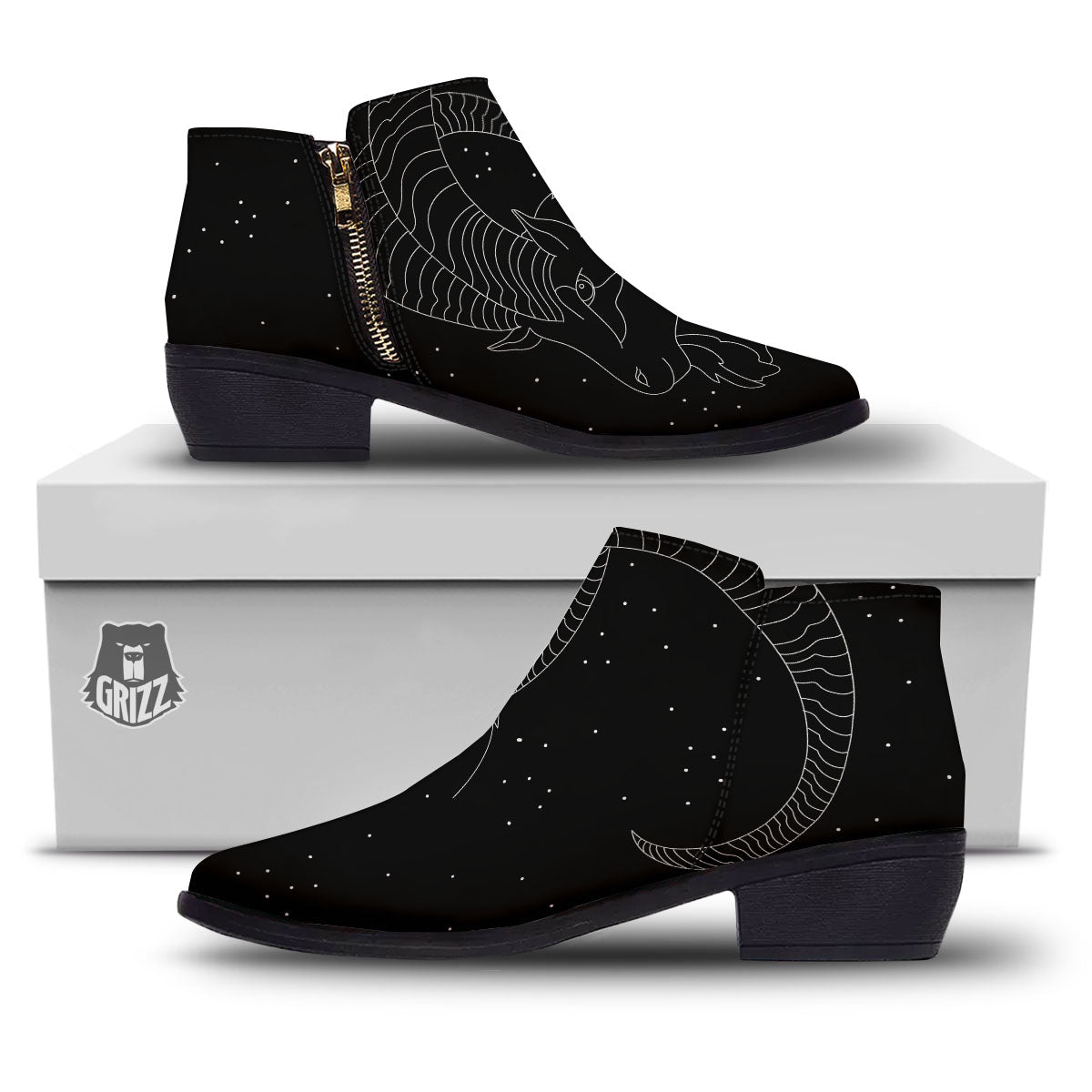 Capricorn Sign White And Black Print Ankle Boots-grizzshop