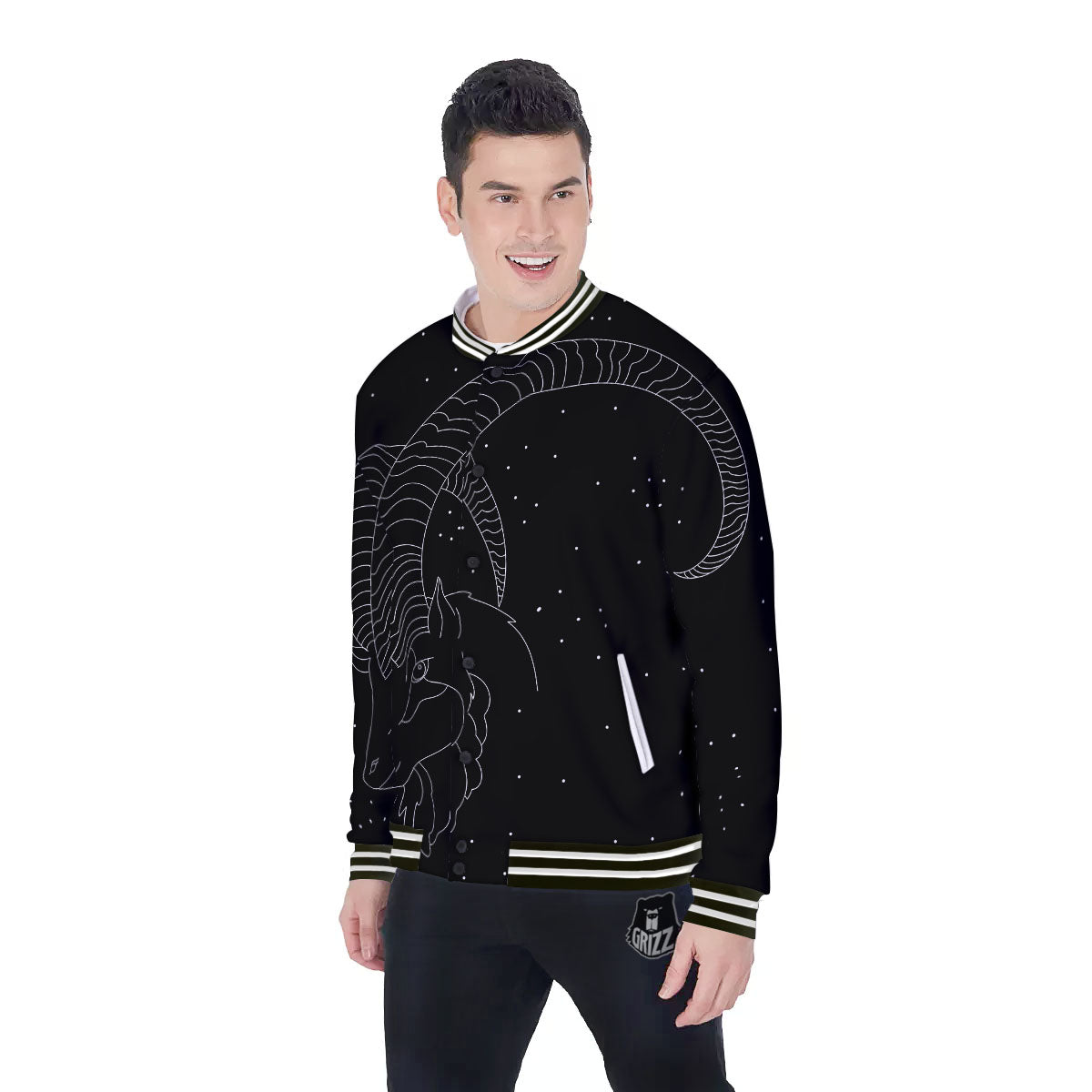Capricorn Sign White And Black Print Baseball Jacket-grizzshop