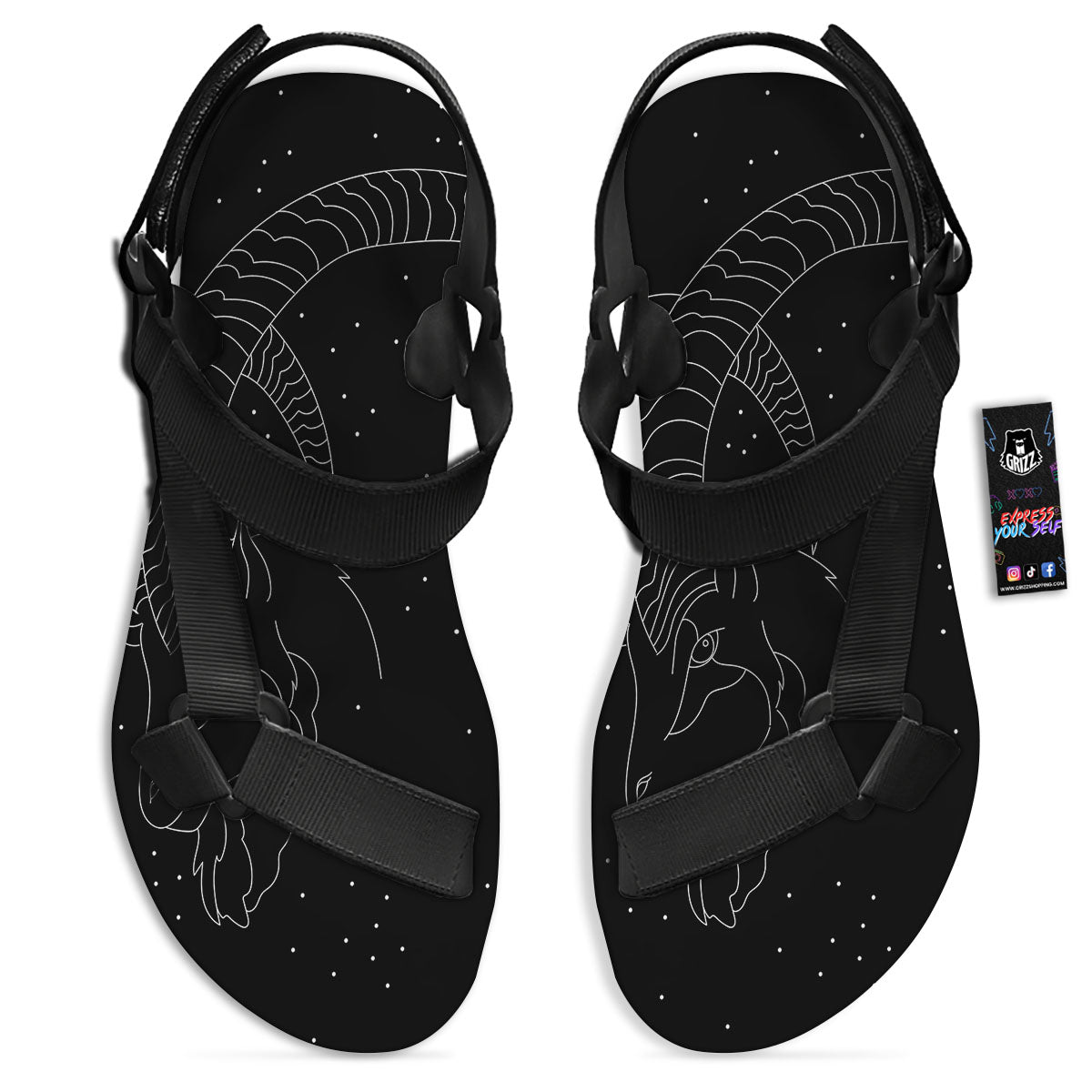 Capricorn Sign White And Black Print Black Open Toe Sandals-grizzshop