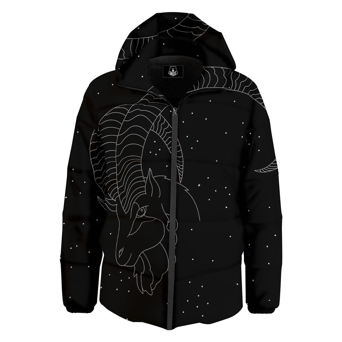 Capricorn Sign White And Black Print Down Jacket-grizzshop