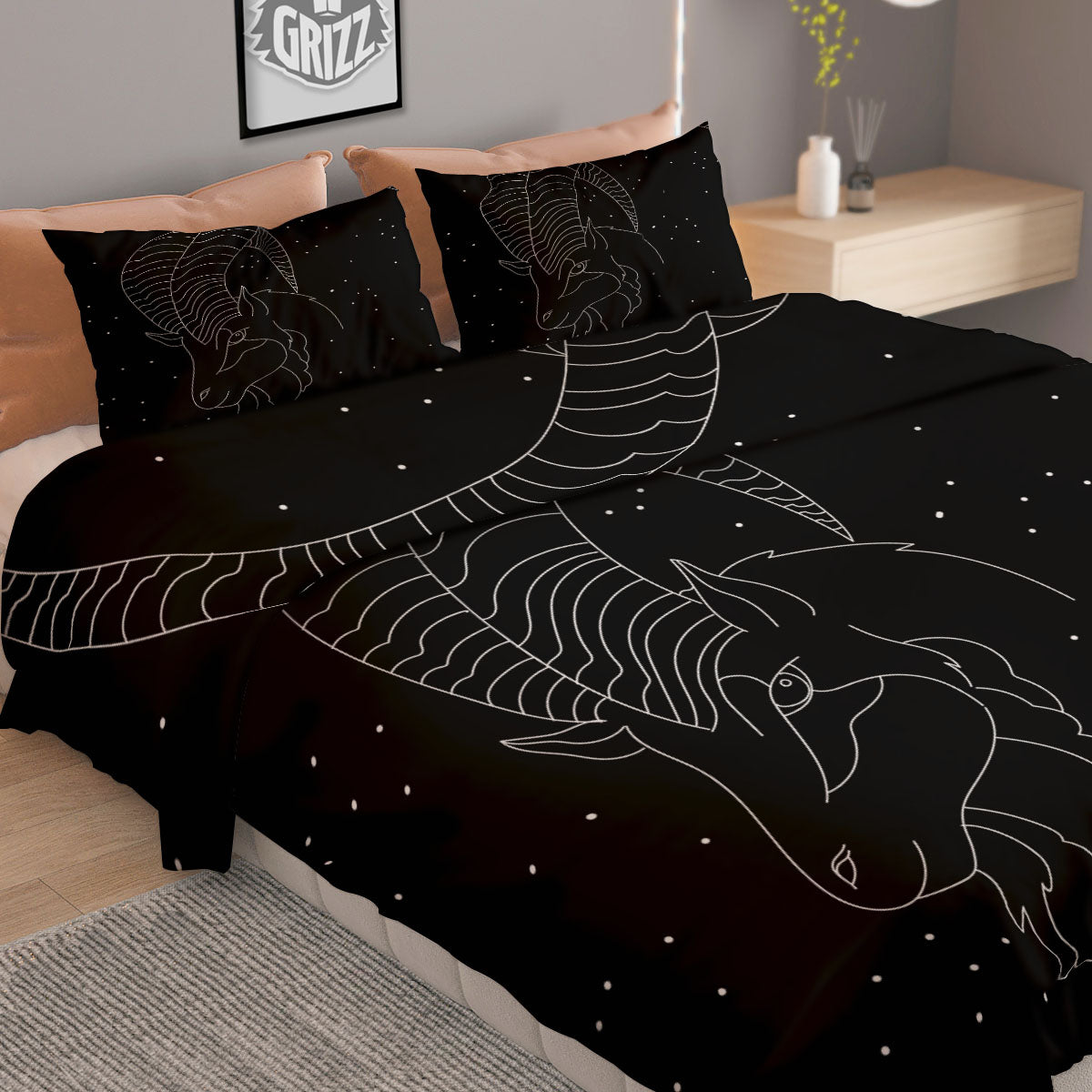 Capricorn Sign White And Black Print Duvet Cover Bedding Set