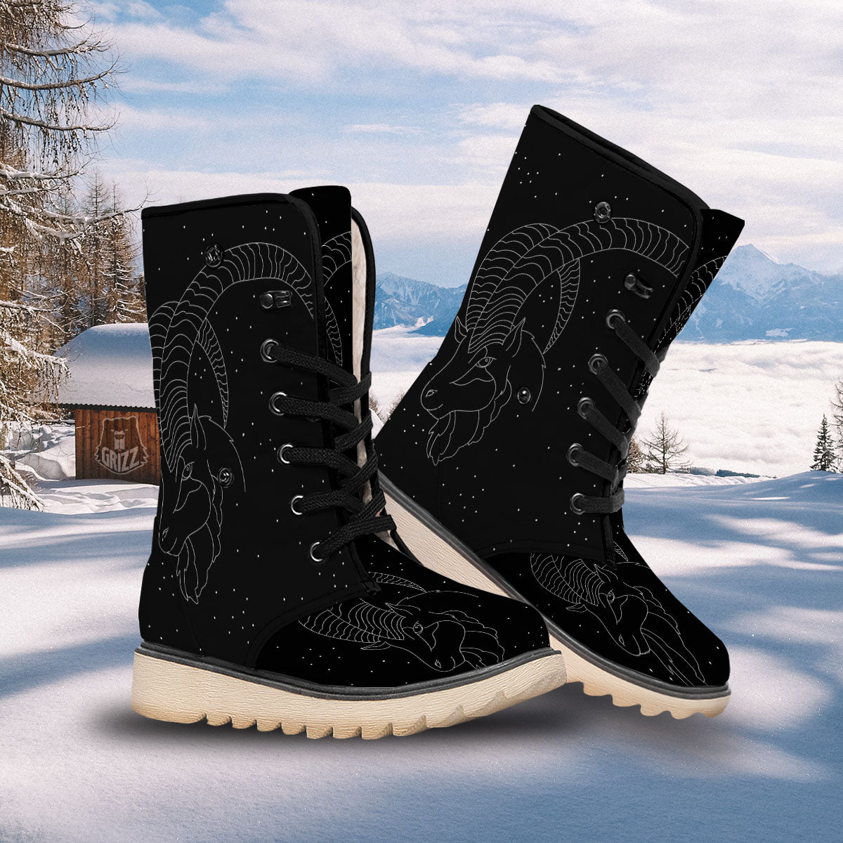 Capricorn Sign White And Black Print Snow Boots-grizzshop