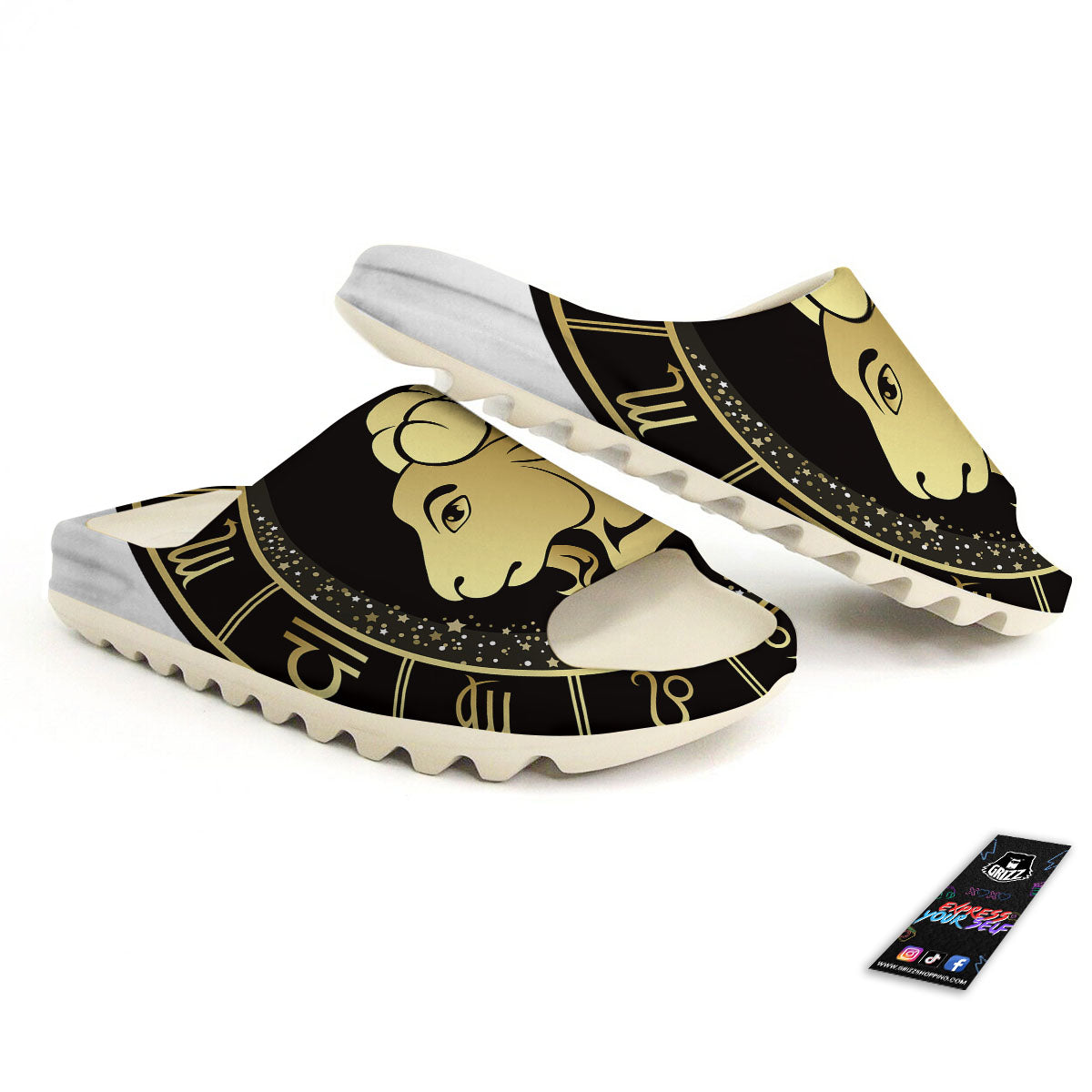 Capricorn Sign Black And Gold Print Sandals-grizzshop