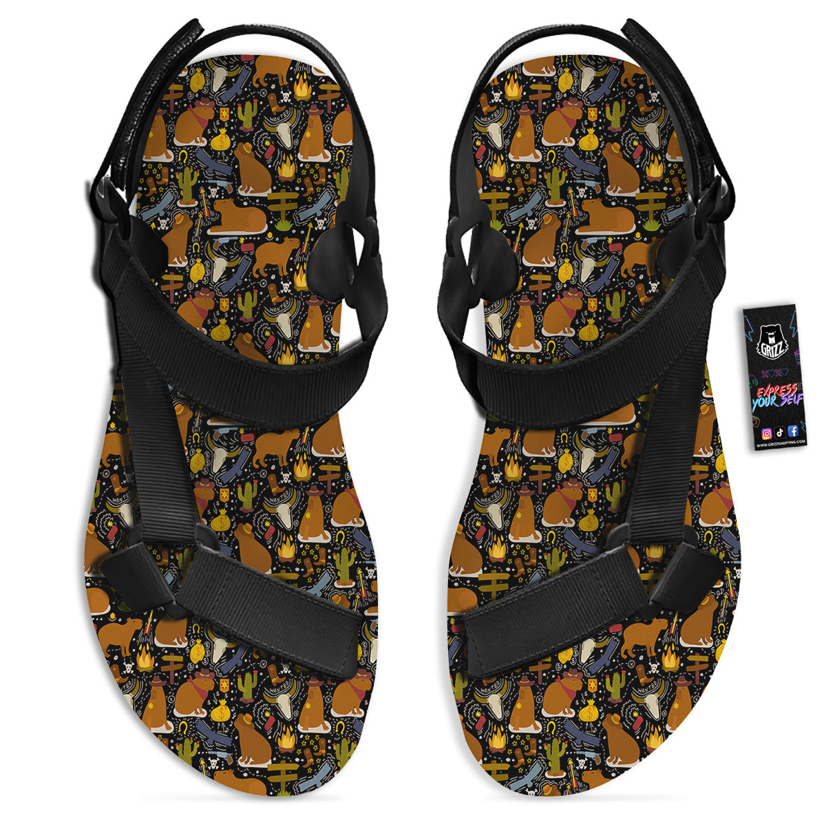 Capybaras Print Pattern Black Open Toe Sandals-grizzshop