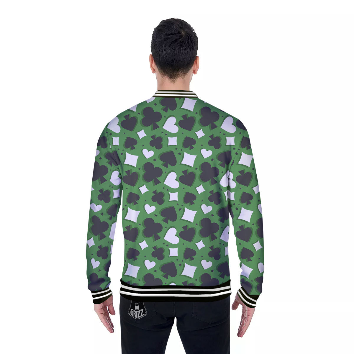 Card Suits Green Playing Print Pattern Baseball Jacket-grizzshop