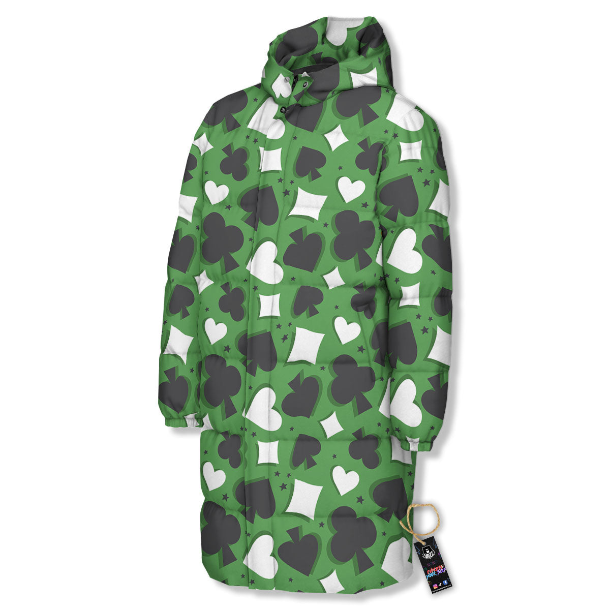Card Suits Green Playing Print Pattern Long Down Jacket-grizzshop