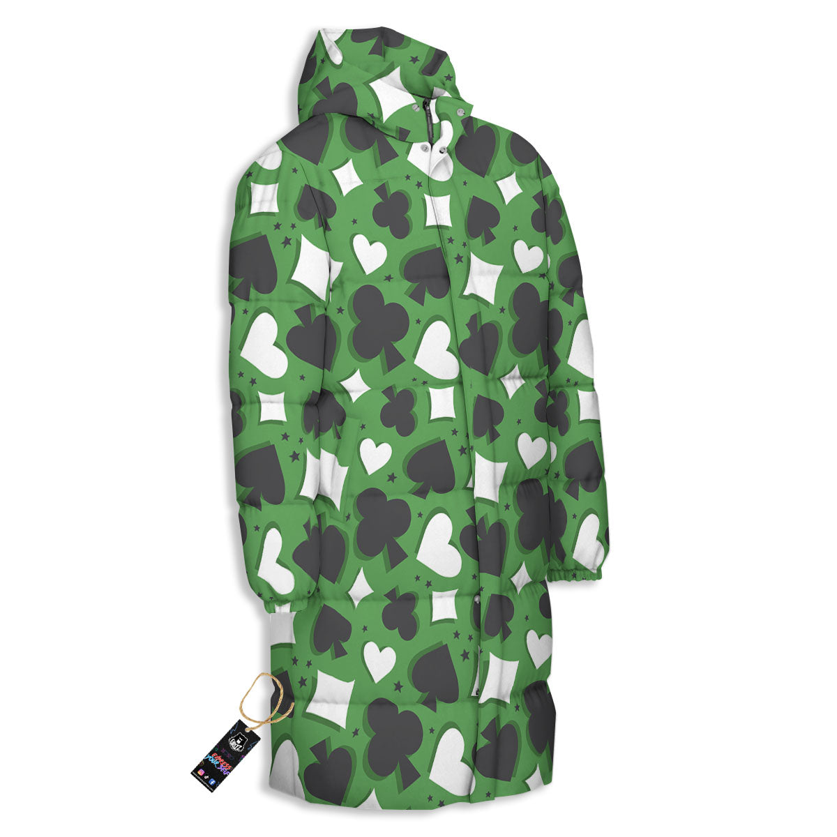 Card Suits Green Playing Print Pattern Long Down Jacket-grizzshop