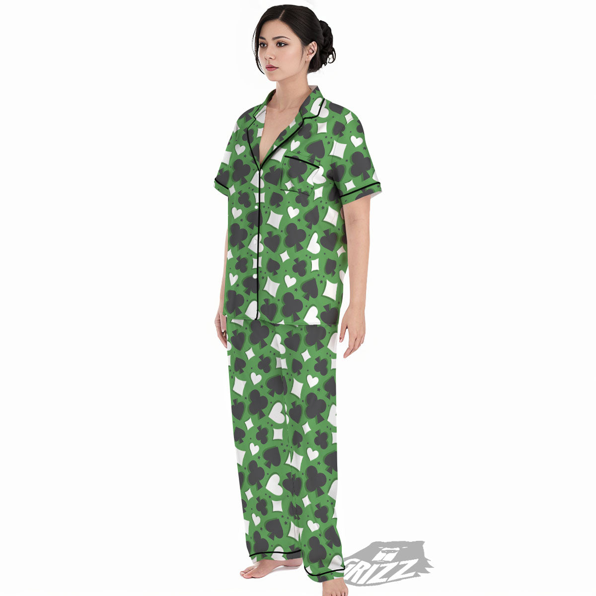 Card Suits Green Playing Print Pattern Women's Pajamas Set-grizzshop