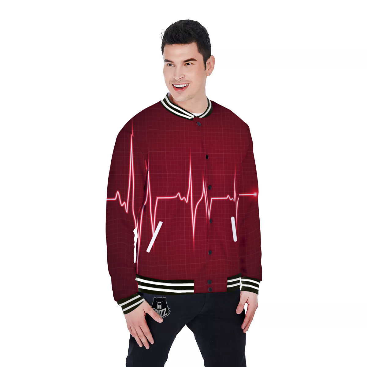Cardiogram Heartbeat Print Baseball Jacket-grizzshop