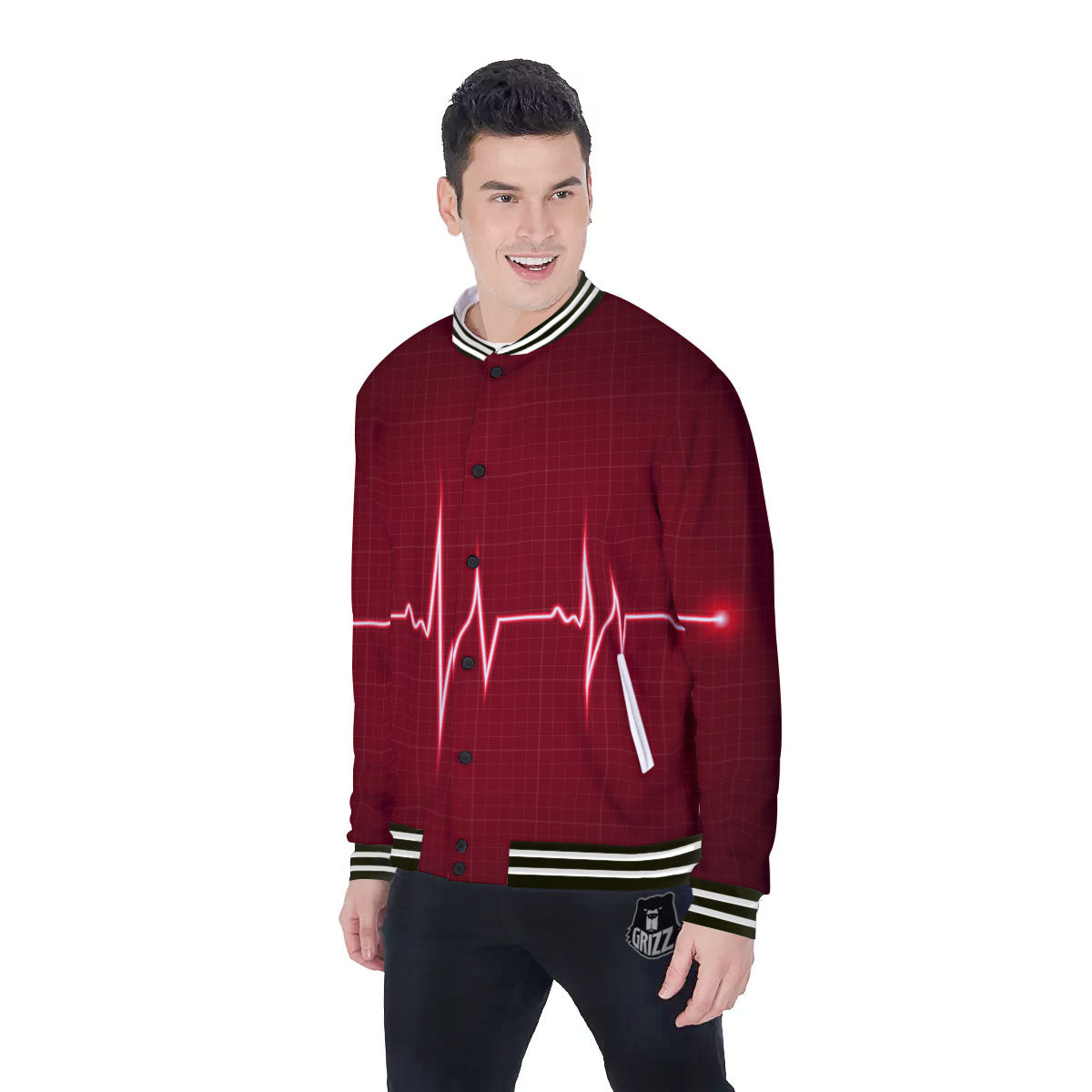 Cardiogram Heartbeat Print Baseball Jacket-grizzshop