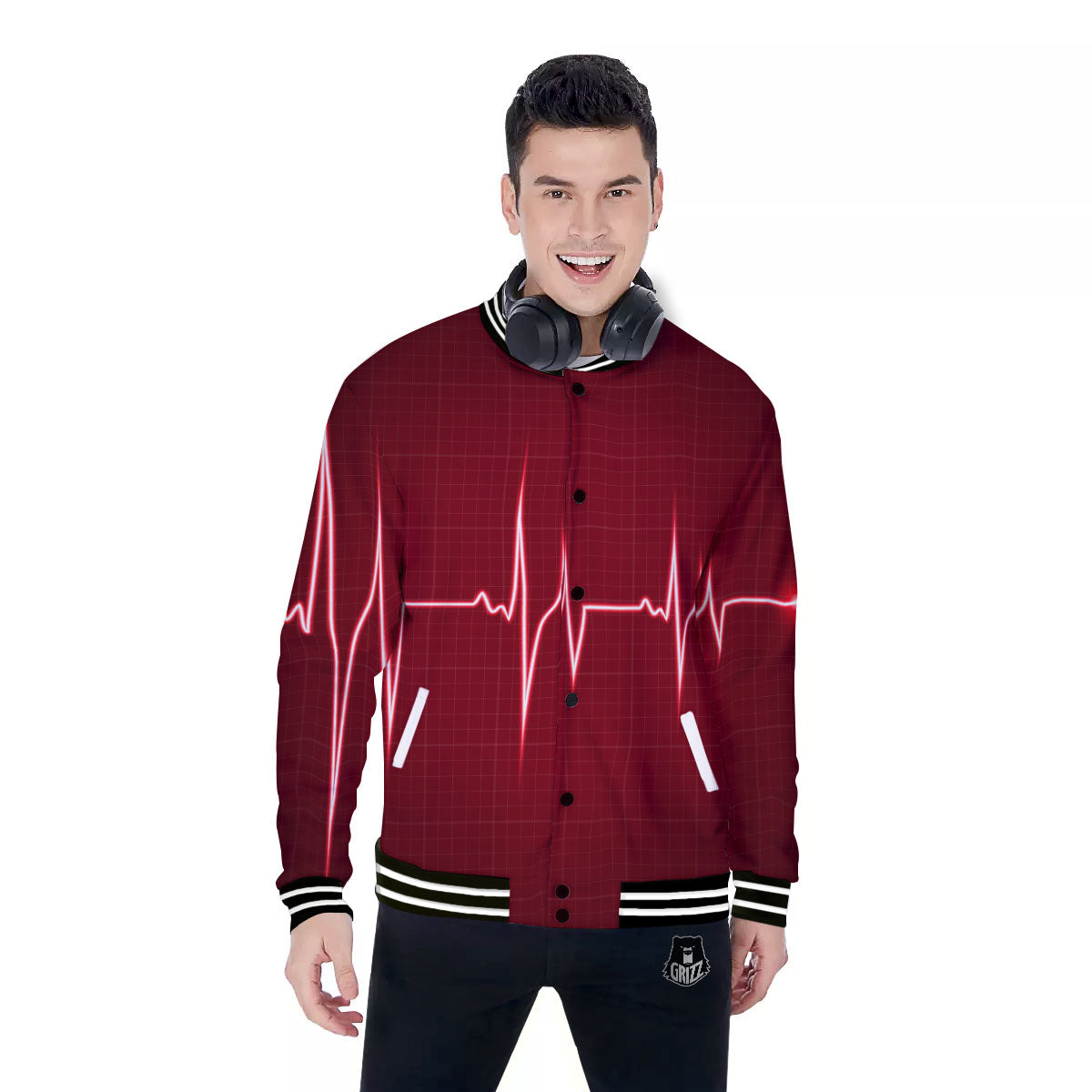 Cardiogram Heartbeat Print Baseball Jacket-grizzshop