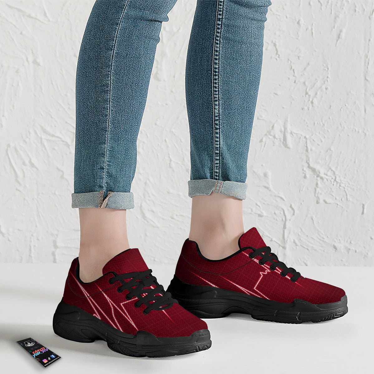 Cardiogram Heartbeat Print Black Chunky Shoes-grizzshop