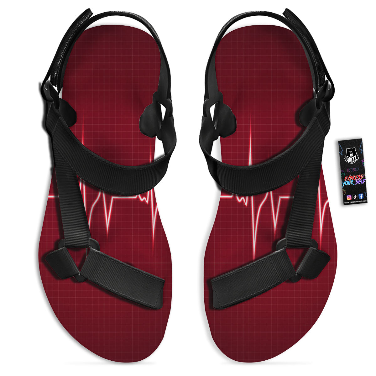 Cardiogram Heartbeat Print Black Open Toe Sandals-grizzshop