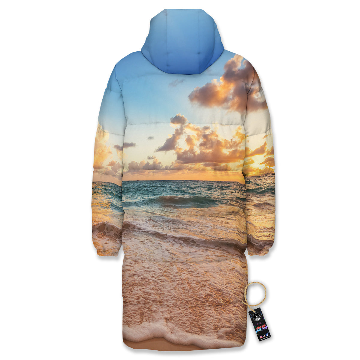 Caribbean Ocean Print Long Down Jacket-grizzshop