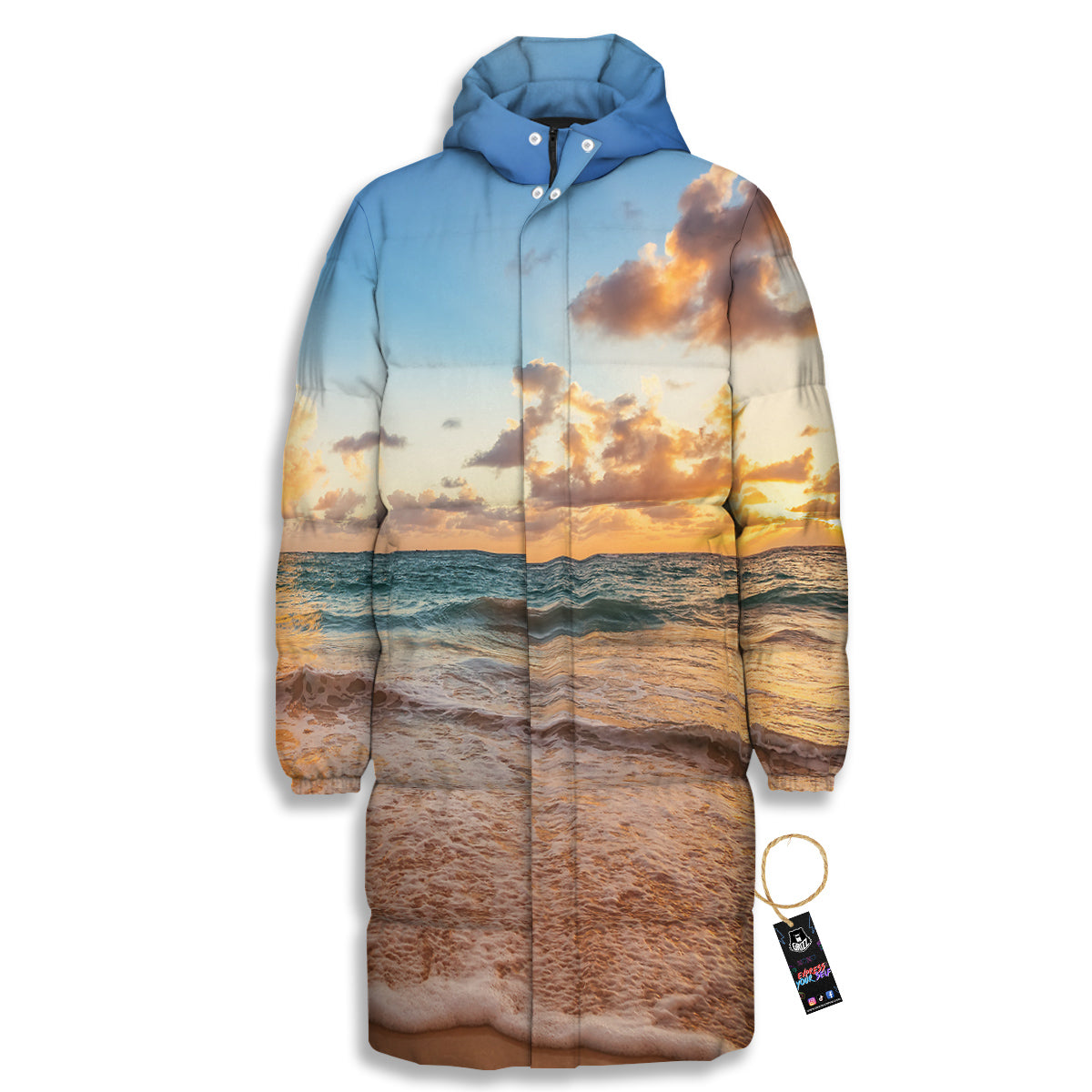 Caribbean Ocean Print Long Down Jacket-grizzshop