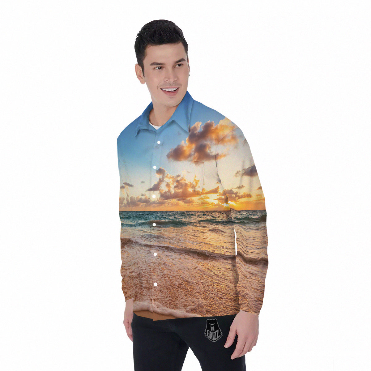 Caribbean Ocean Print Men's Long Sleeve Shirts-grizzshop