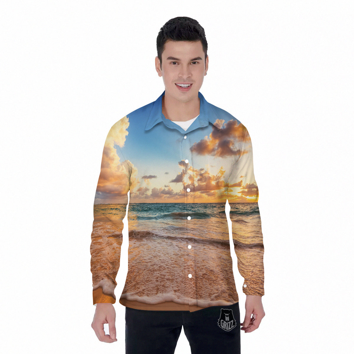 Caribbean Ocean Print Men's Long Sleeve Shirts-grizzshop