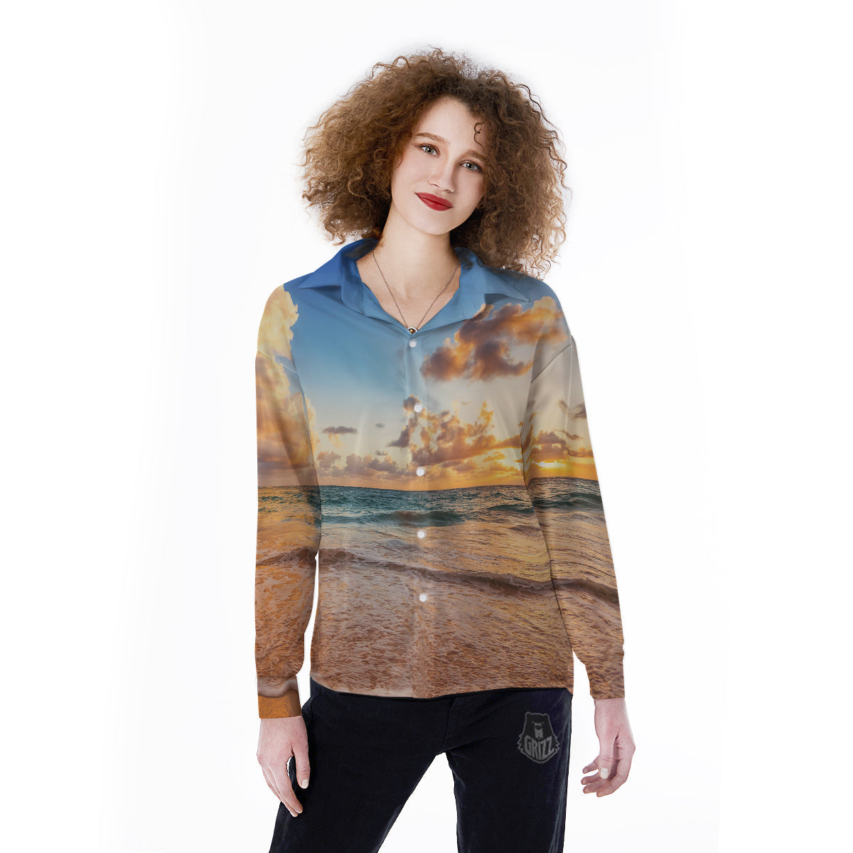 Caribbean Ocean Print Women's Long Sleeve Shirts-grizzshop