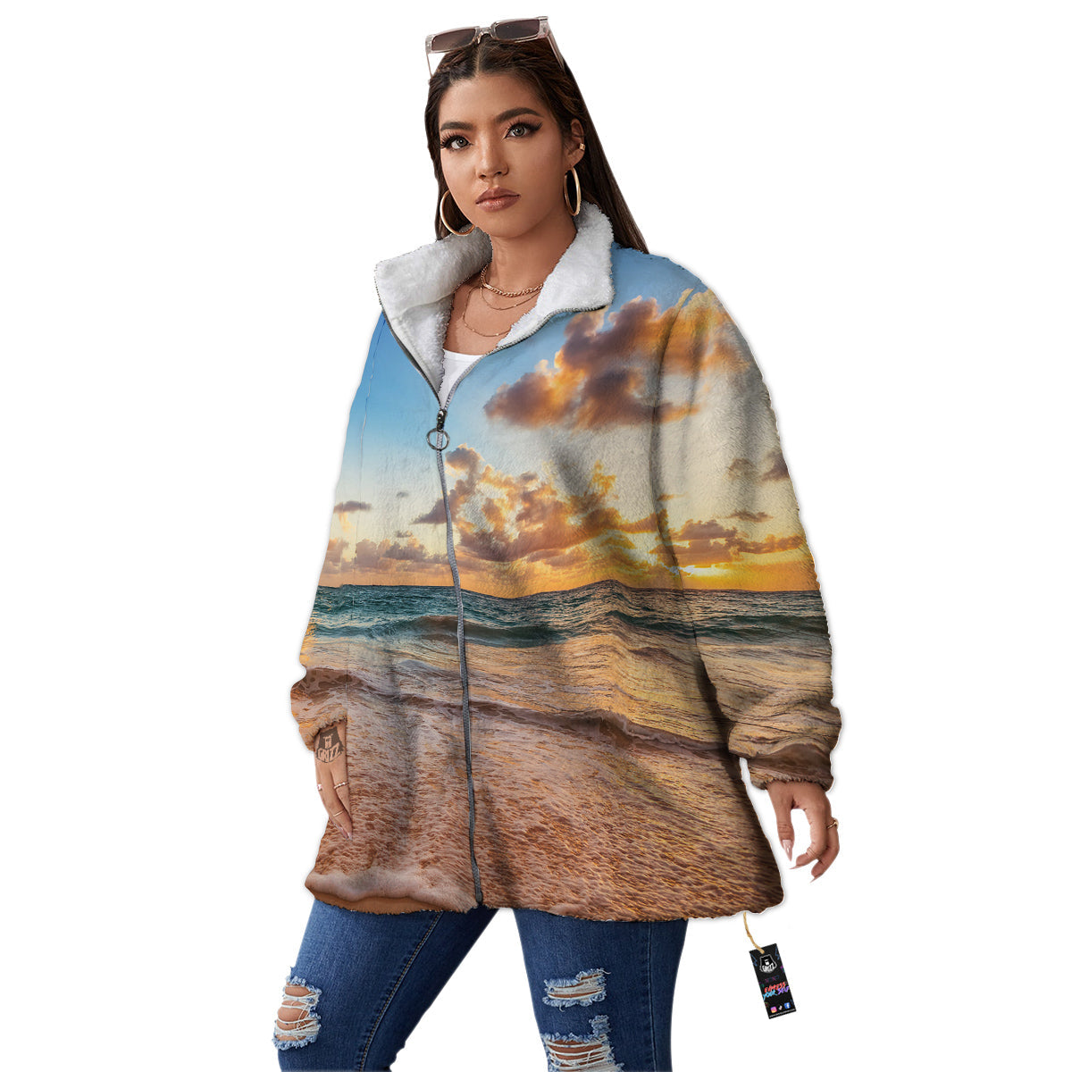 Caribbean Ocean Print Women's Sherpa Jacket-grizzshop