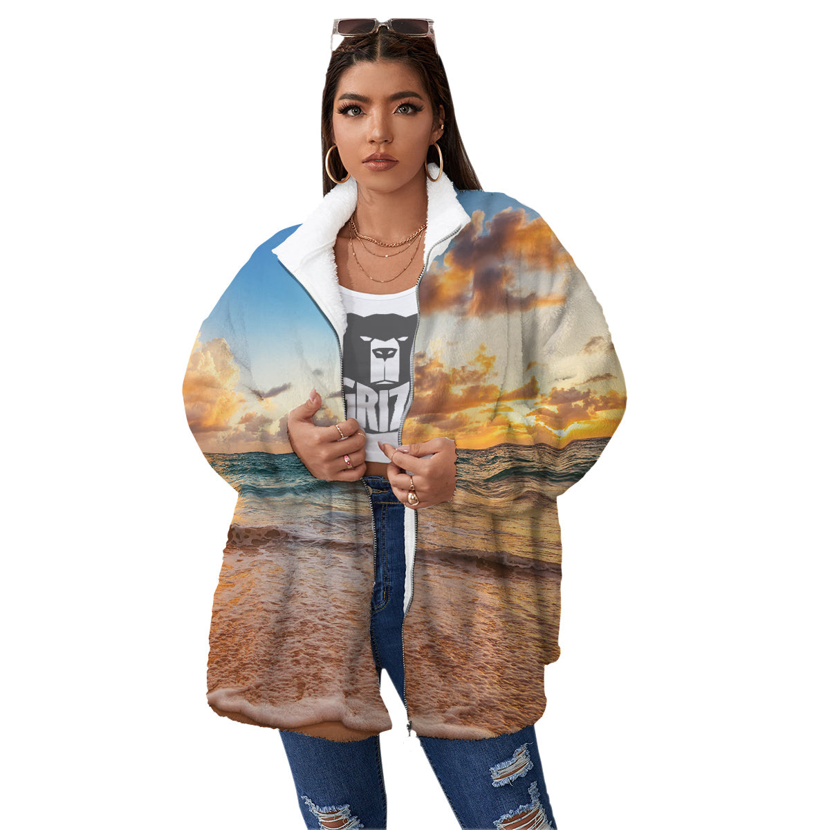 Caribbean Ocean Print Women's Sherpa Jacket-grizzshop