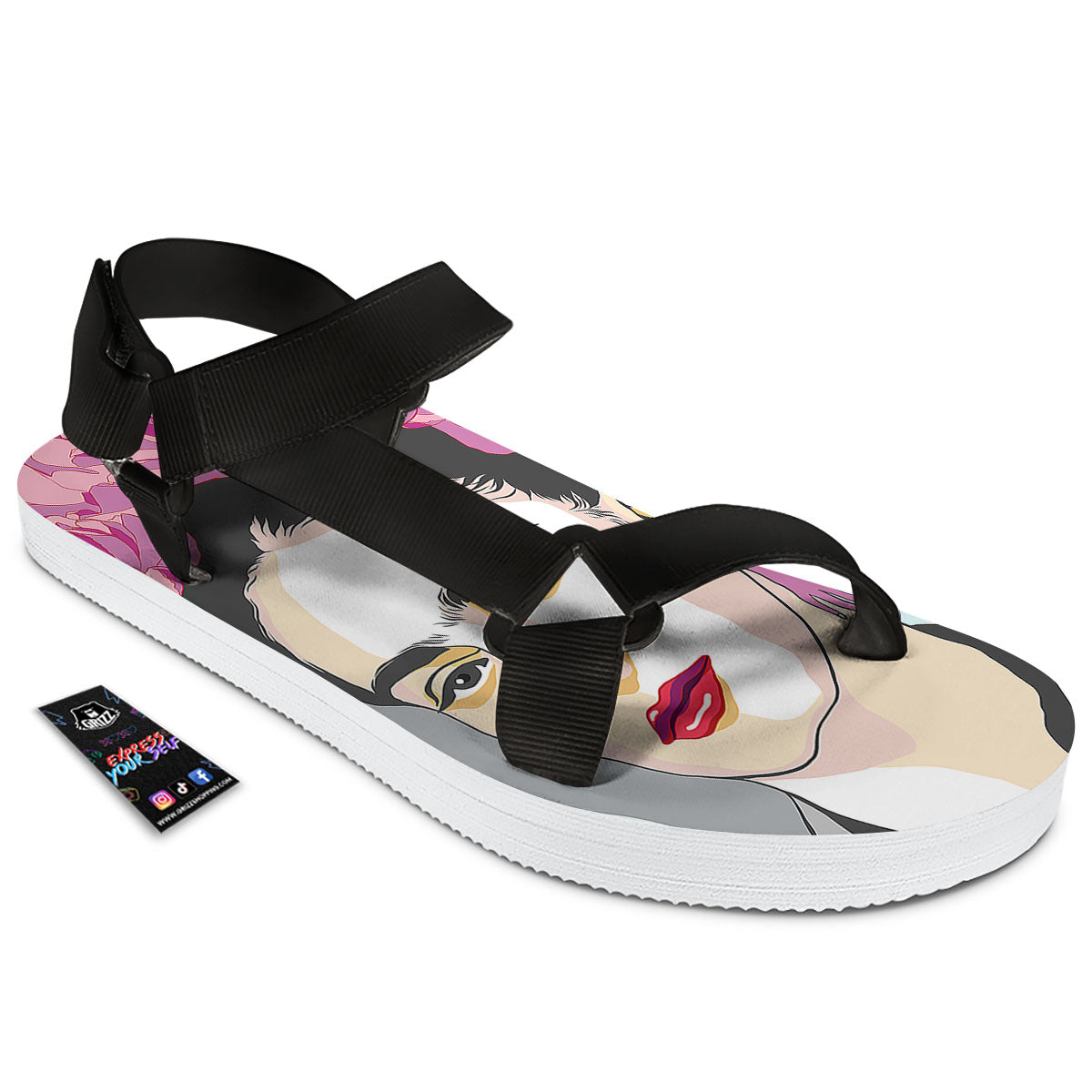 Carmen Frida Kahlo Magdalena Print Black Open Toe Sandals-grizzshop