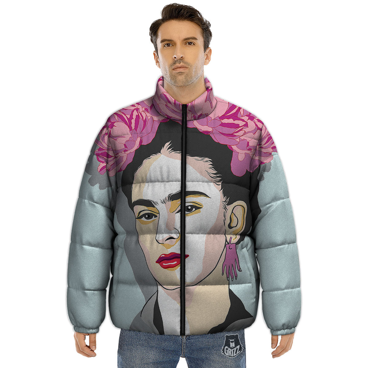 Carmen Frida Kahlo Magdalena Print Puffer Jacket-grizzshop