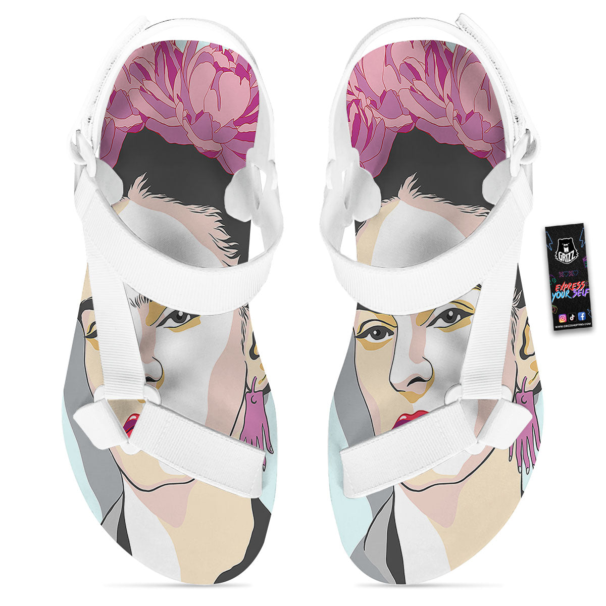 Carmen Frida Kahlo Magdalena Print White Open Toe Sandals-grizzshop