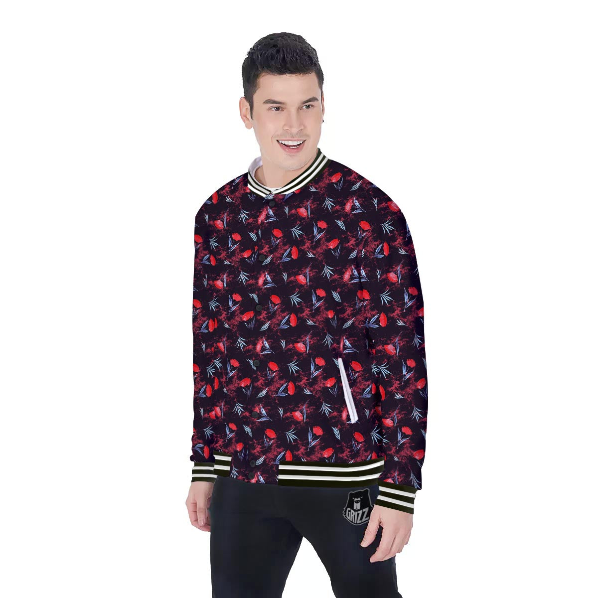 Carnation Black And Red Print Pattern Baseball Jacket-grizzshop