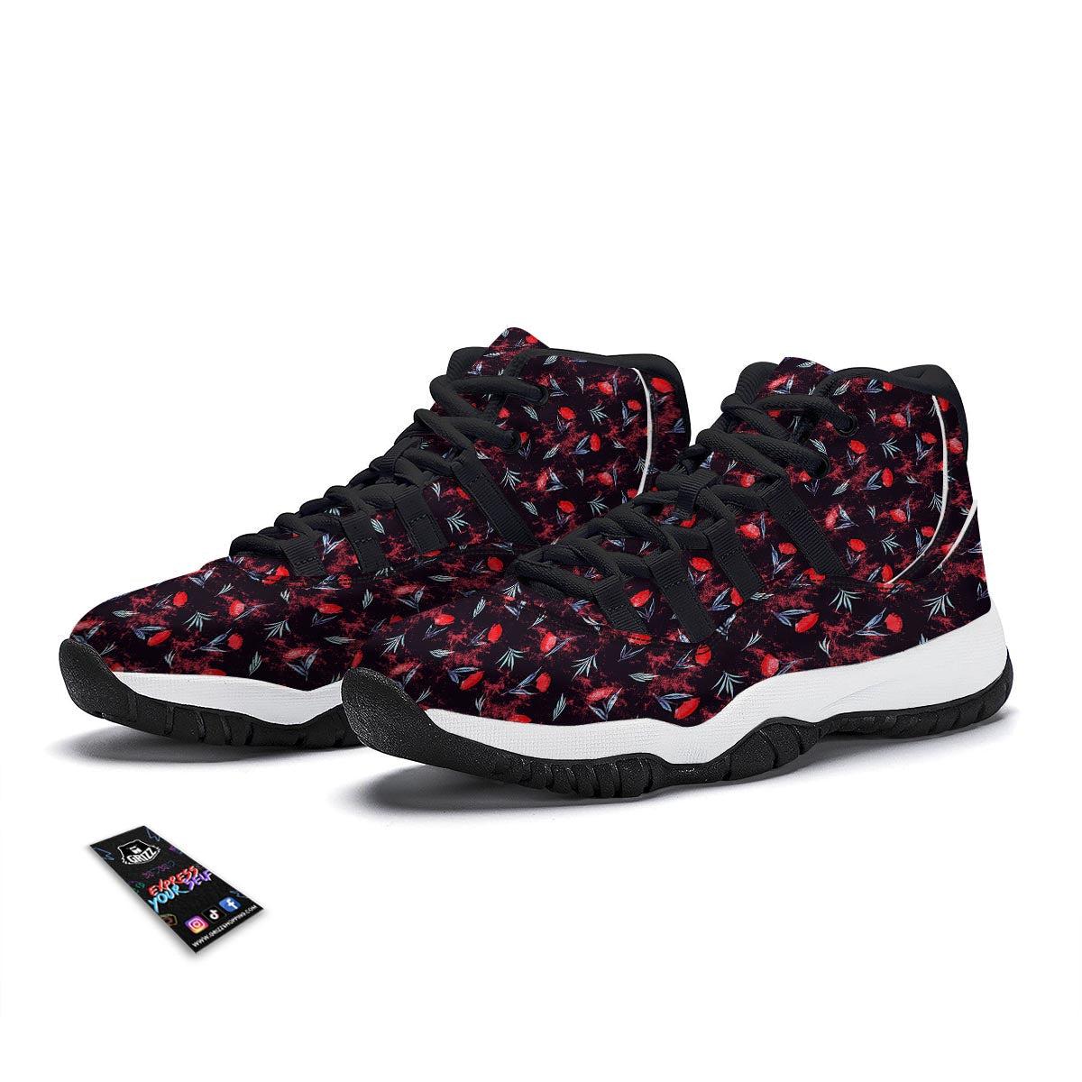 Carnation Black And Red Print Pattern Black Bball Shoes-grizzshop