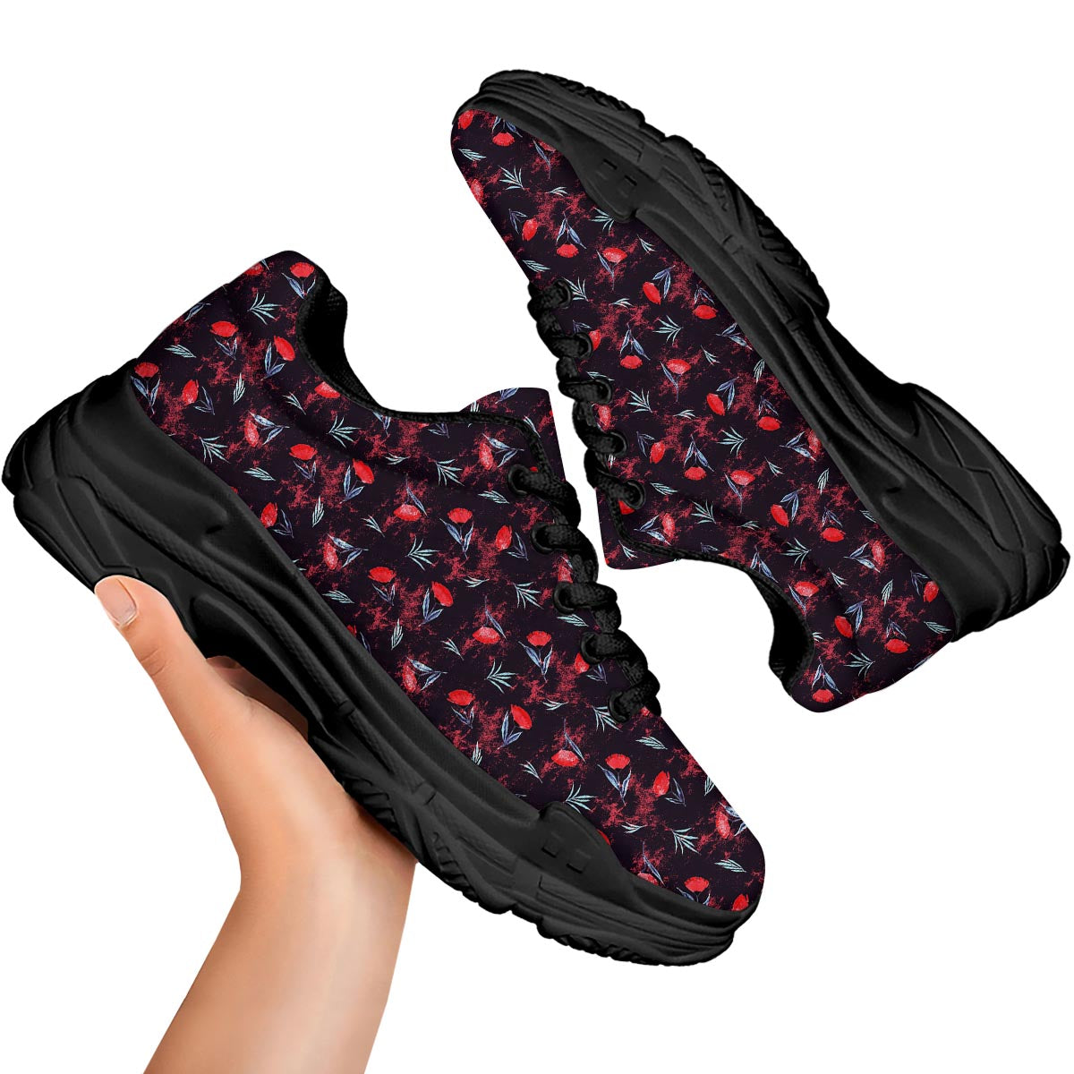 Carnation Black And Red Print Pattern Black Chunky Shoes-grizzshop