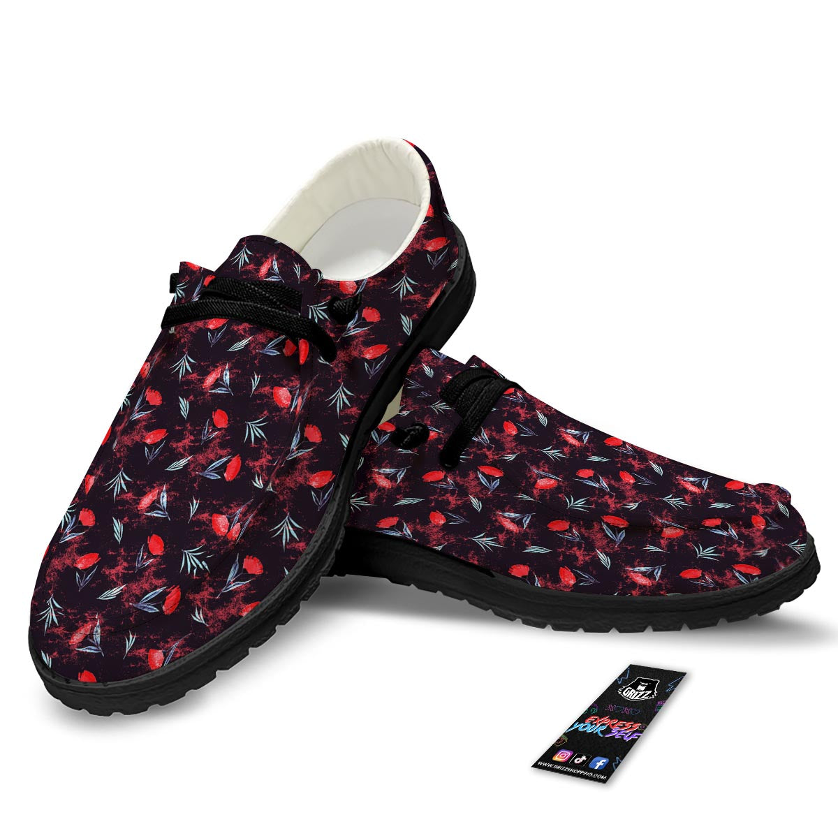 Carnation Black And Red Print Pattern Black Loafers-grizzshop