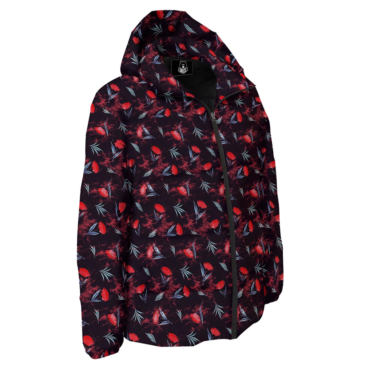 Carnation Black And Red Print Pattern Down Jacket-grizzshop
