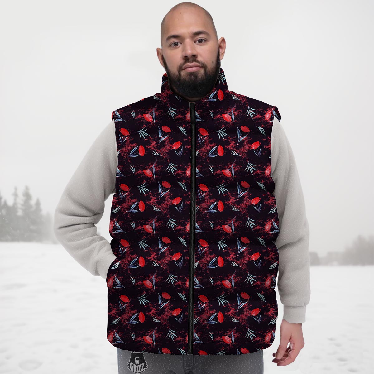 Carnation Black And Red Print Pattern Down Vest