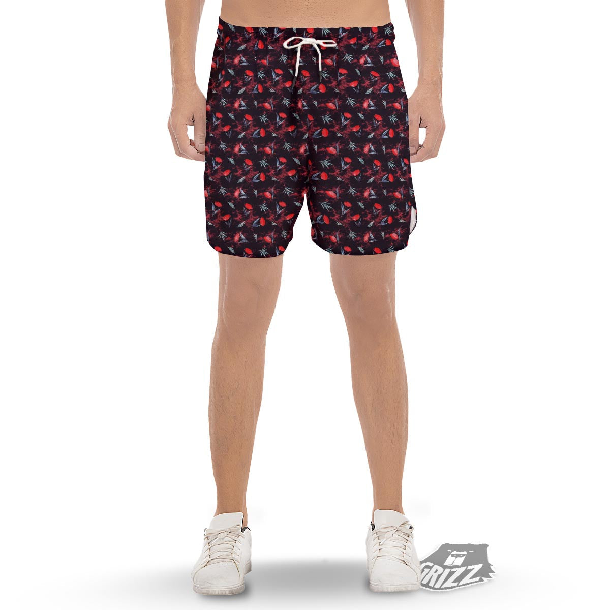 Carnation Black And Red Print Pattern Men's Gym Shorts-grizzshop