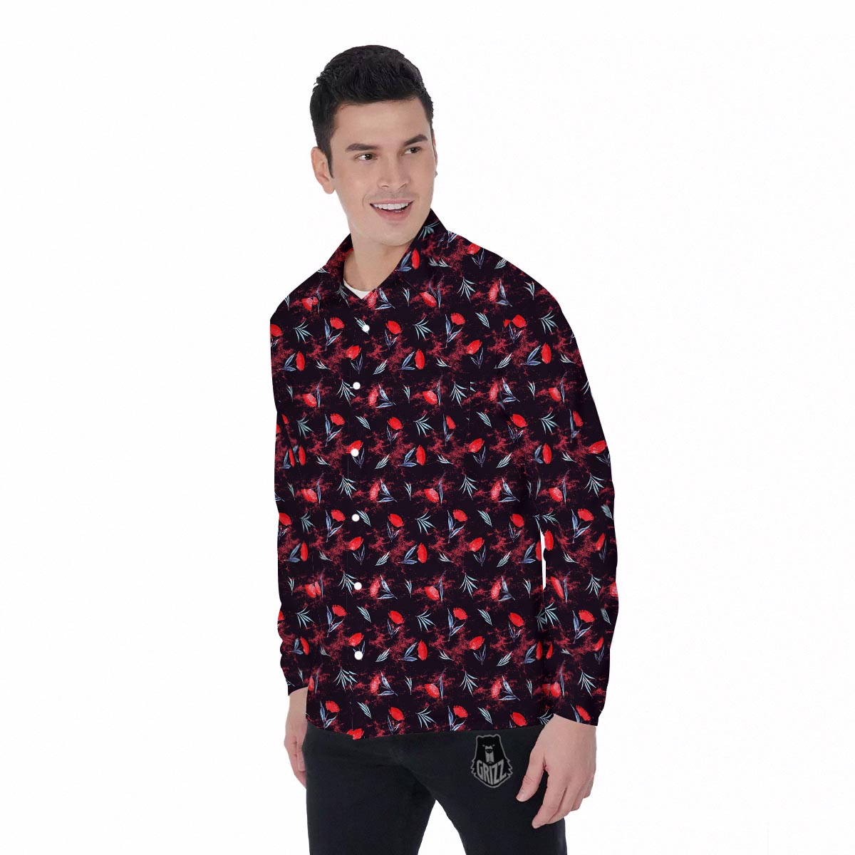 Carnation Black And Red Print Pattern Men's Long Sleeve Shirts-grizzshop